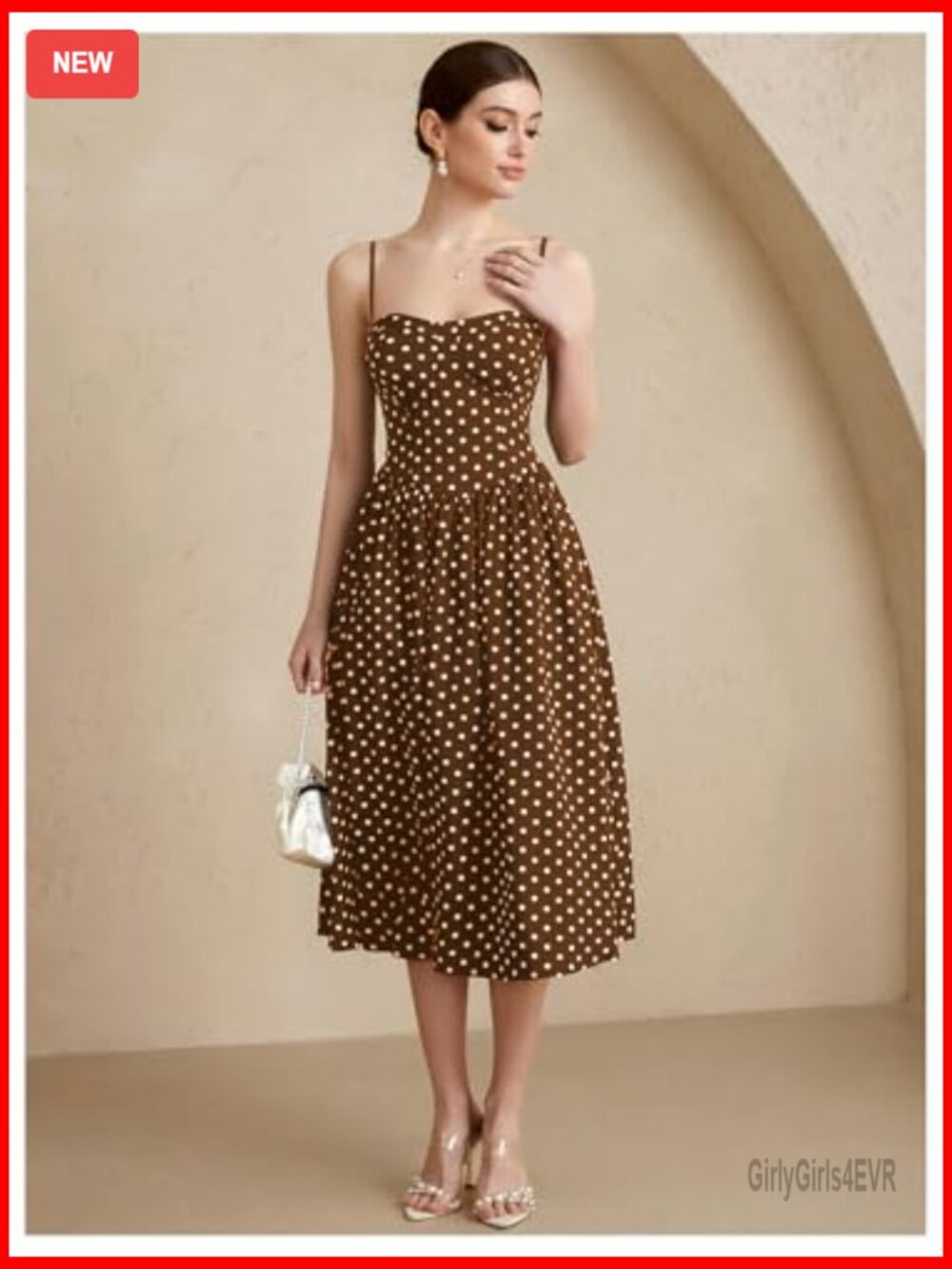 Polka Dot Flared A-Line Midi Dress Spaghetti Strap Vintage Flow - Picture 4 of 6